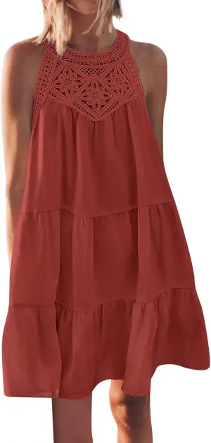 HXHYQKP Womens Summer Casual Sleeveless Halter Sundress 2025 Hollow Out Tiered Swing A Line Mini Beach Vacation Dresses
