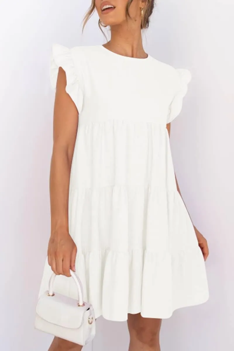 IHOT Women Babydoll Summer Casual Crew Neck Ruffle Sleeve Sleeveless Flowy Mini Short Tunic Dress