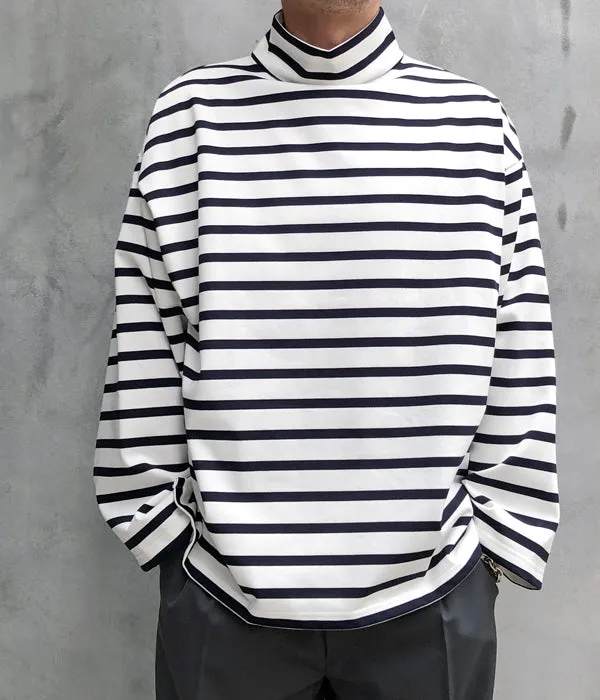 INTERIM/HYPER BIG SUVIN GIZA BASQUE HIGH NECK BORDER SHIRT (WHT/NVY)