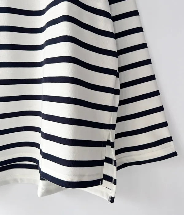 INTERIM/HYPER BIG SUVIN GIZA BASQUE HIGH NECK BORDER SHIRT (WHT/NVY)