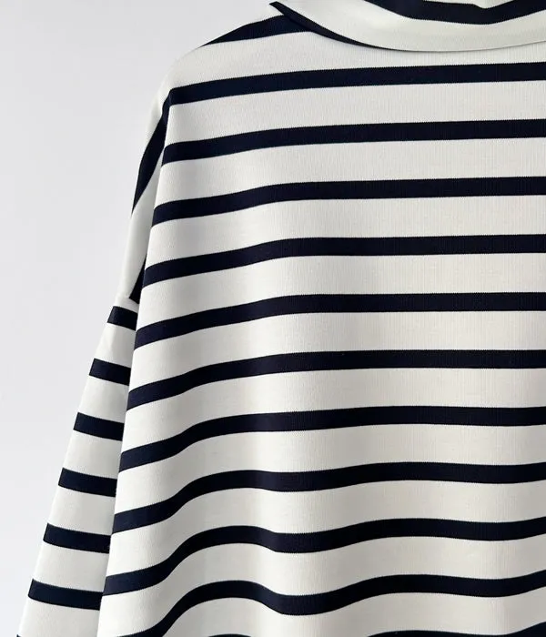 INTERIM/HYPER BIG SUVIN GIZA BASQUE HIGH NECK BORDER SHIRT (WHT/NVY)