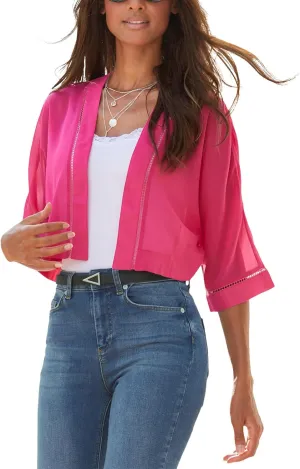 LASCANA Women's Sheer Open Front Cardigan - Cropped Shrug with Elbow-Length Dolman Sleeves & Crochet Details