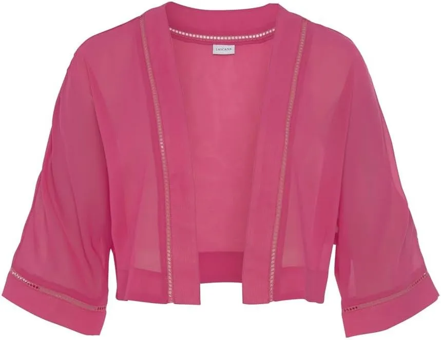 LASCANA Women's Sheer Open Front Cardigan - Cropped Shrug with Elbow-Length Dolman Sleeves & Crochet Details
