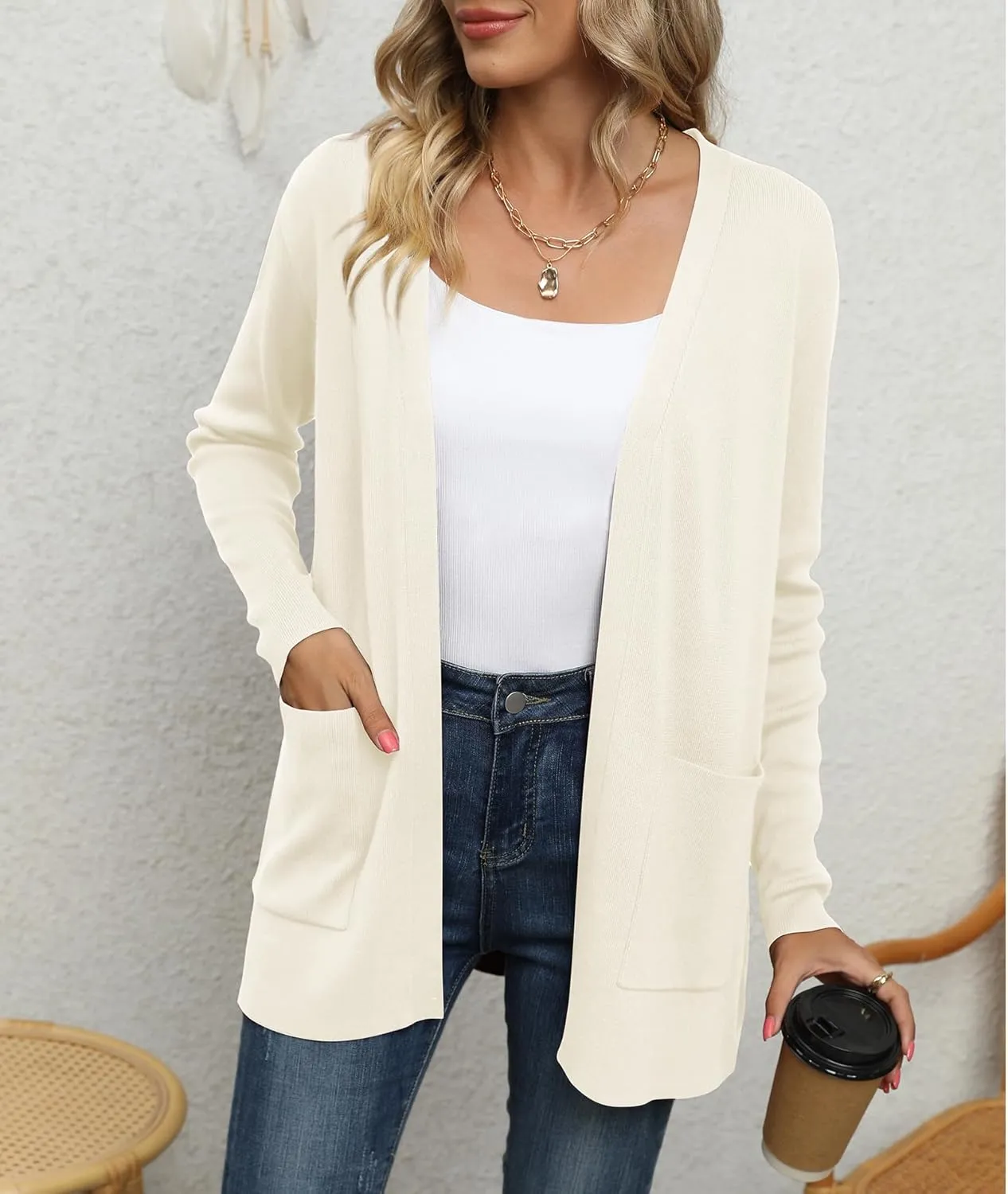 LILBETTER Womens Casual Lightweight Long Sleeve Open Front Cardigan Sweaters with Pockets