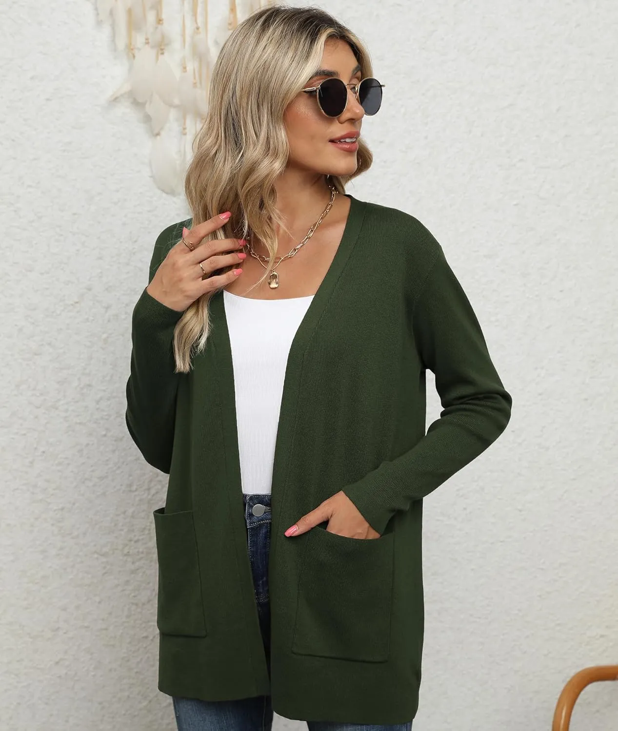 LILBETTER Womens Casual Lightweight Long Sleeve Open Front Cardigan Sweaters with Pockets