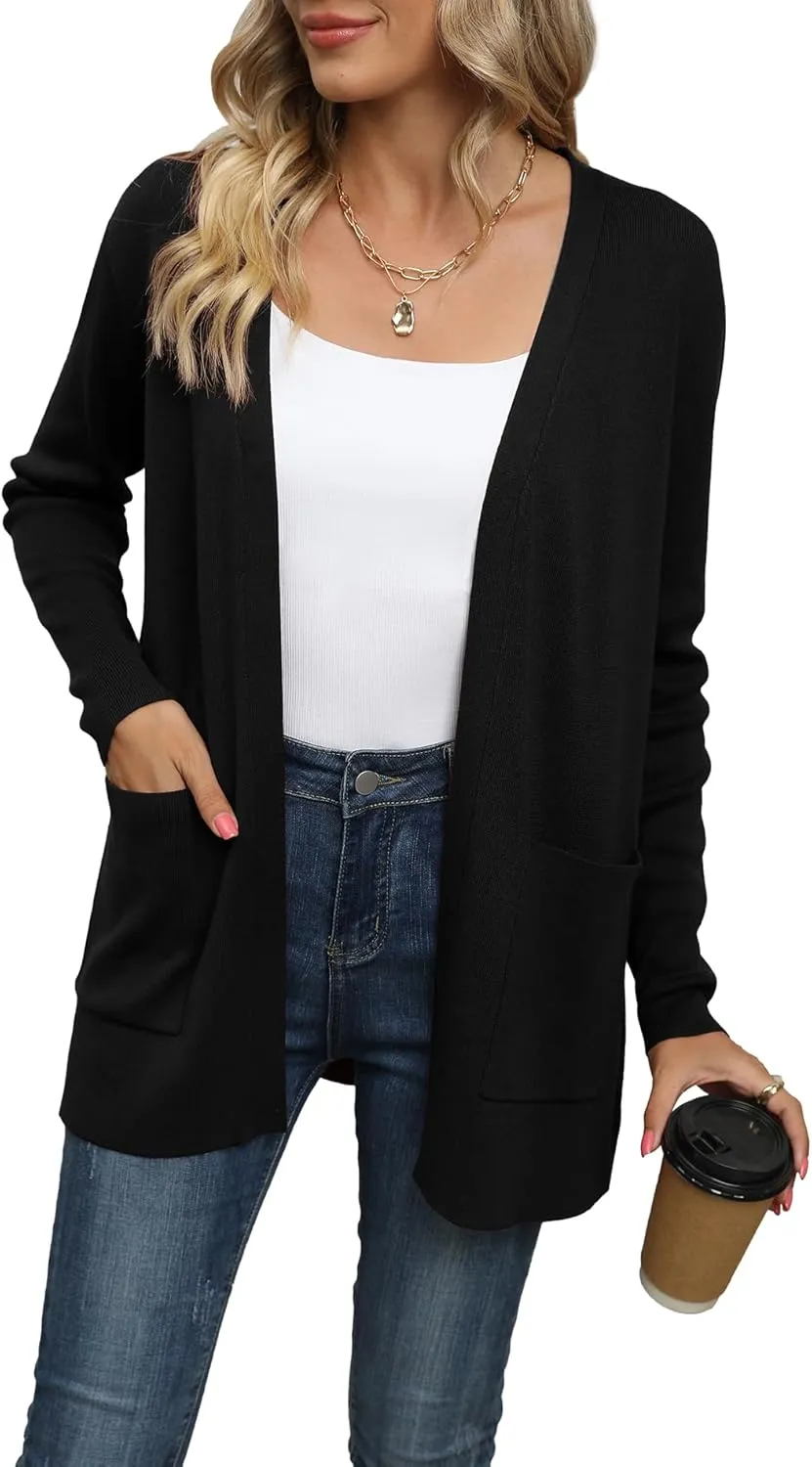 LILBETTER Womens Casual Lightweight Long Sleeve Open Front Cardigan Sweaters with Pockets