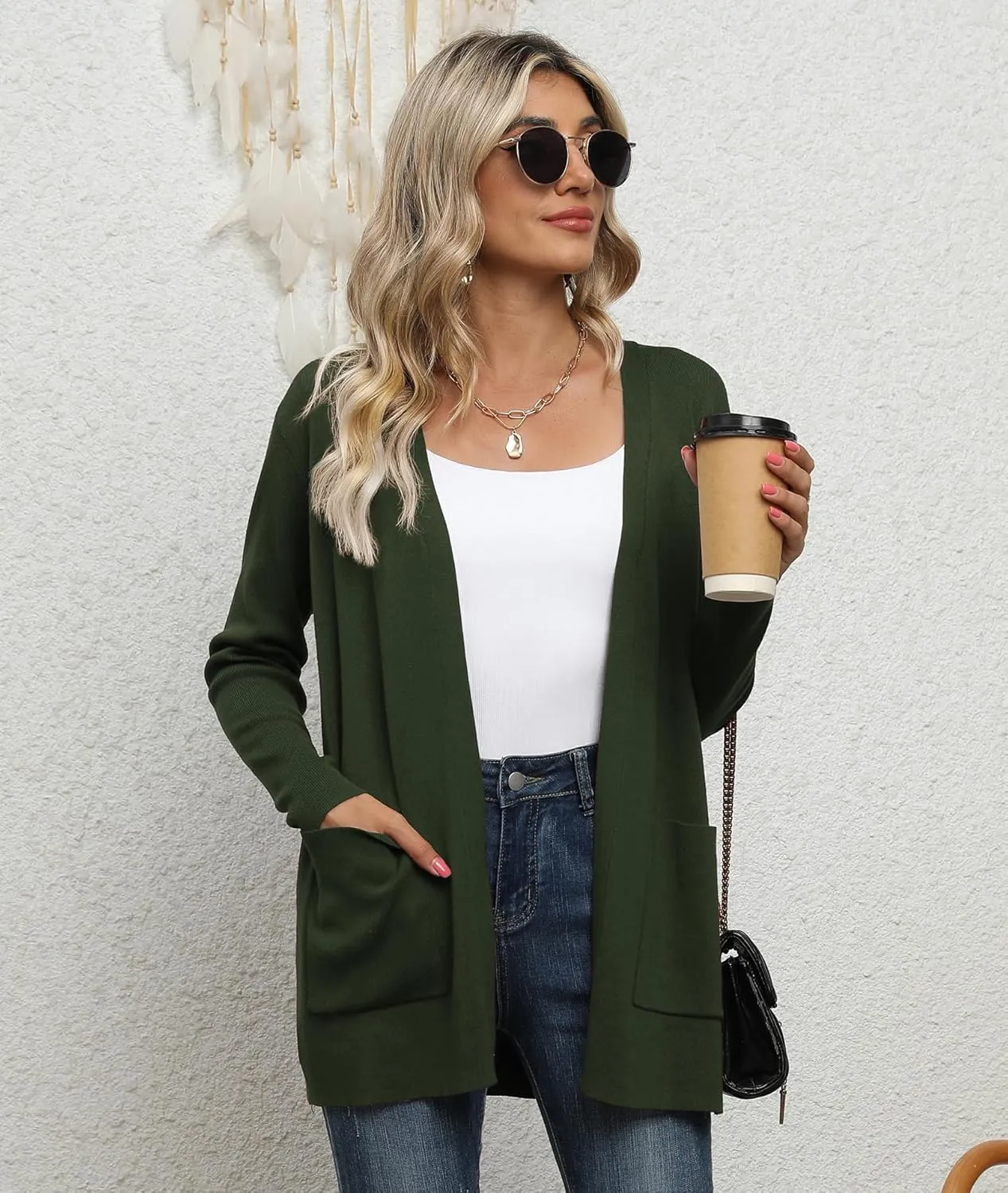 LILBETTER Womens Casual Lightweight Long Sleeve Open Front Cardigan Sweaters with Pockets