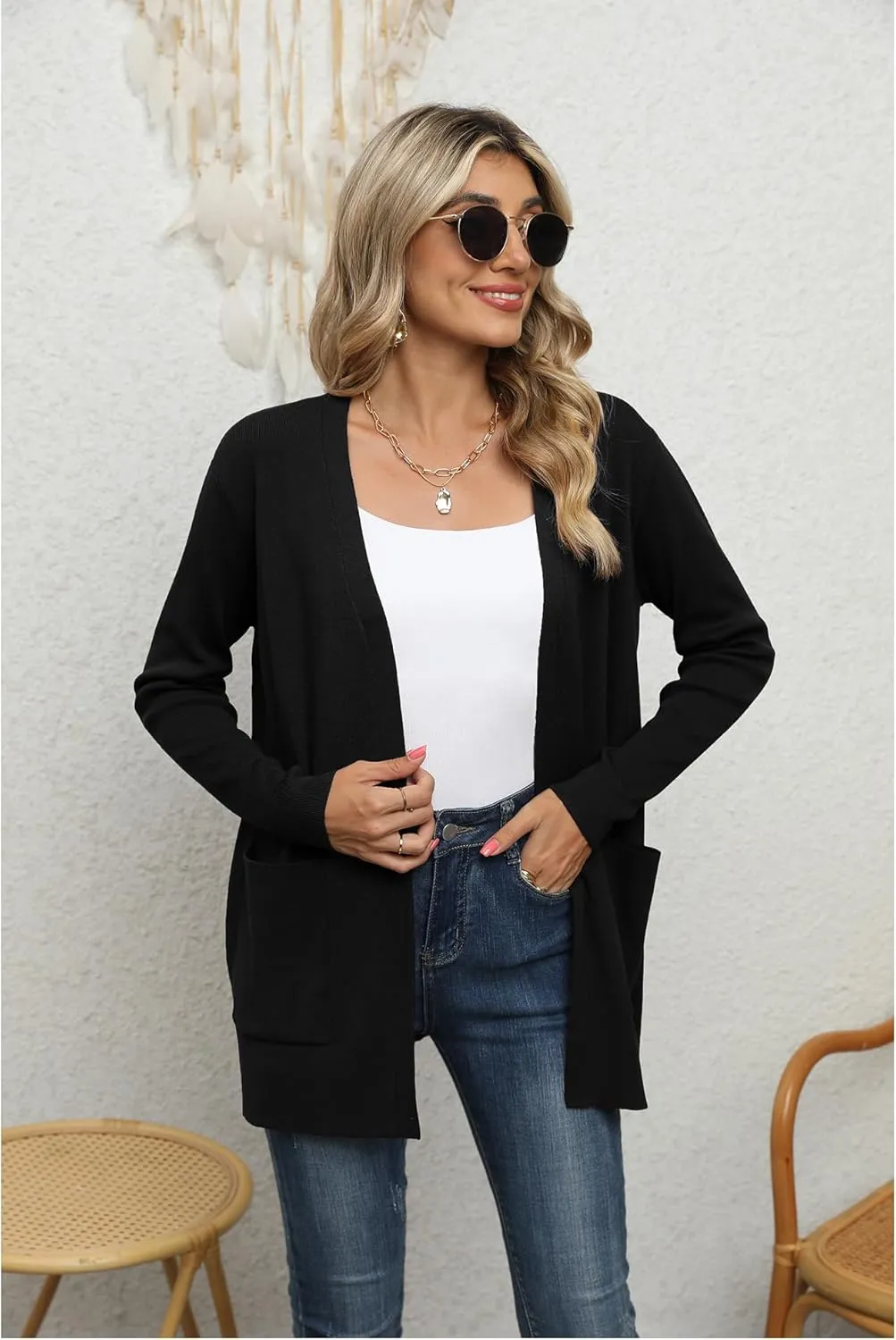 LILBETTER Womens Casual Lightweight Long Sleeve Open Front Cardigan Sweaters with Pockets
