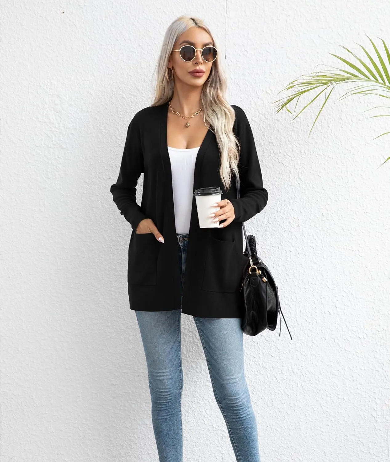 LILBETTER Womens Casual Lightweight Long Sleeve Open Front Cardigan Sweaters with Pockets