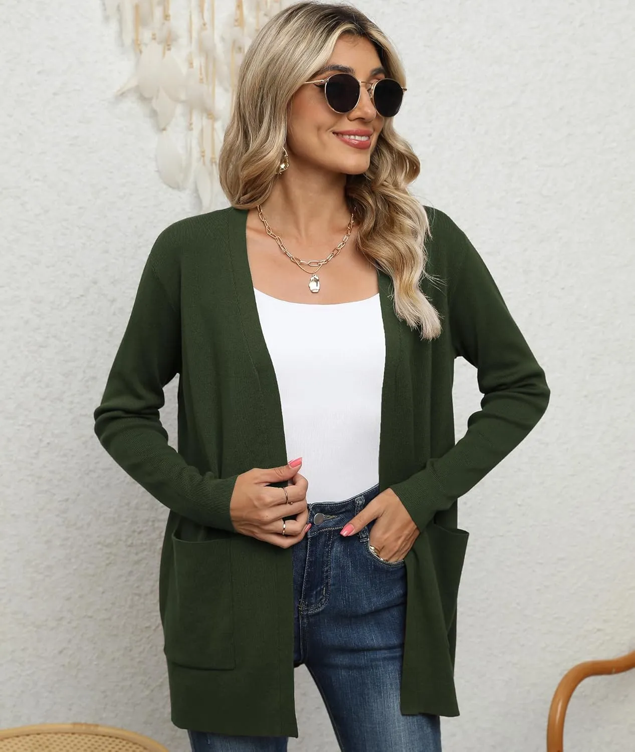 LILBETTER Womens Casual Lightweight Long Sleeve Open Front Cardigan Sweaters with Pockets