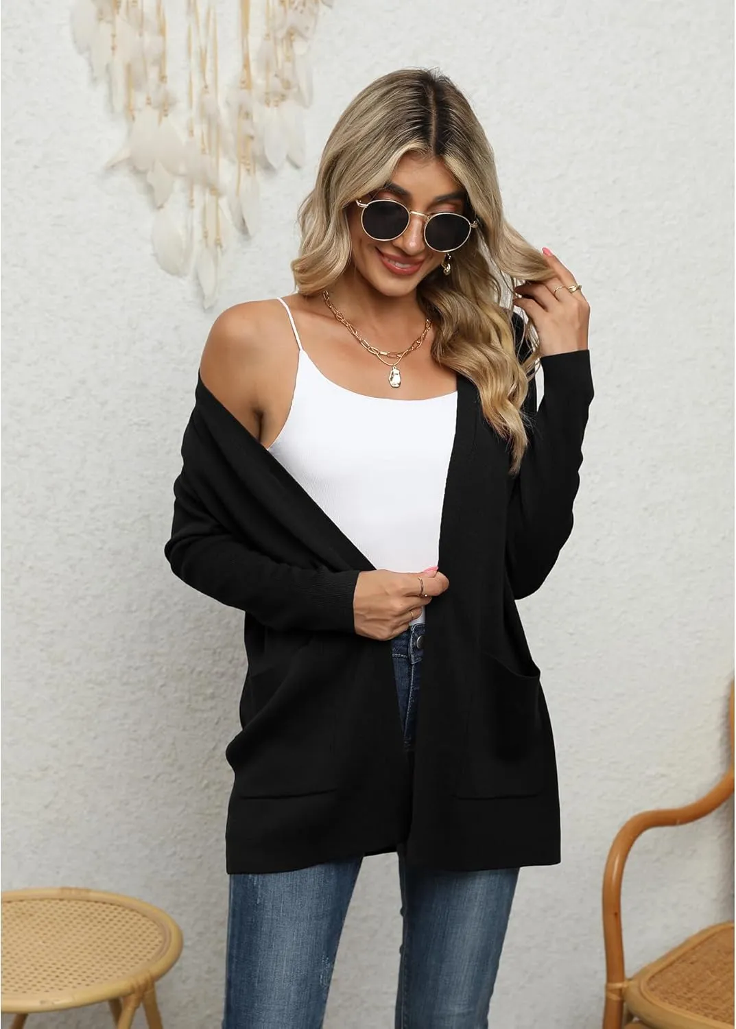 LILBETTER Womens Casual Lightweight Long Sleeve Open Front Cardigan Sweaters with Pockets