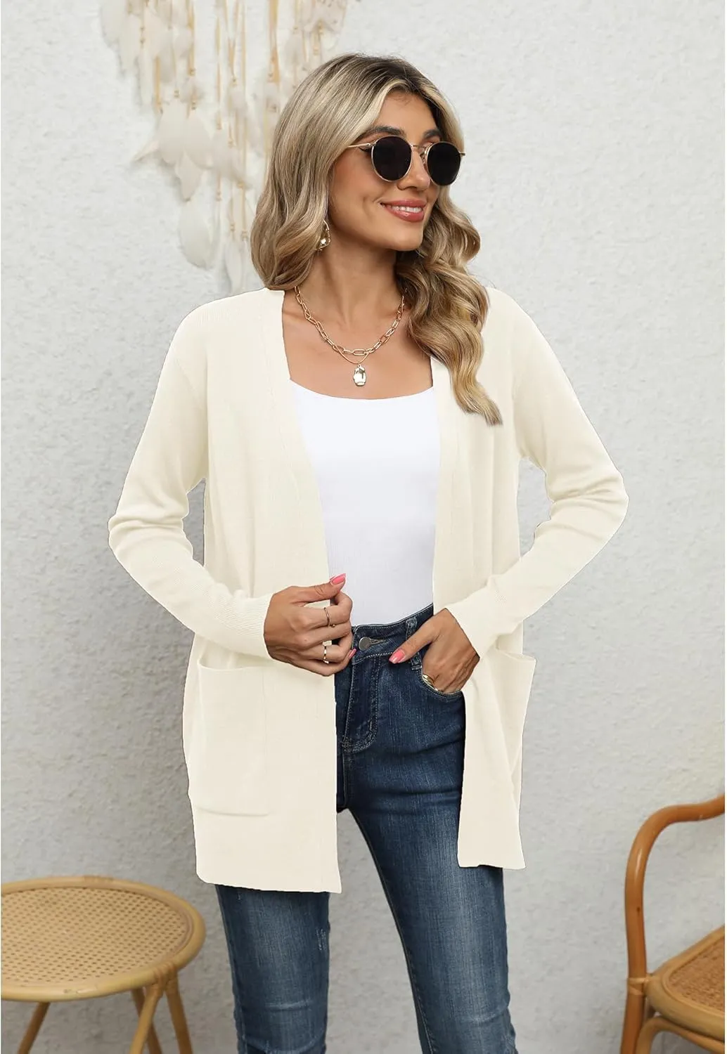 LILBETTER Womens Casual Lightweight Long Sleeve Open Front Cardigan Sweaters with Pockets