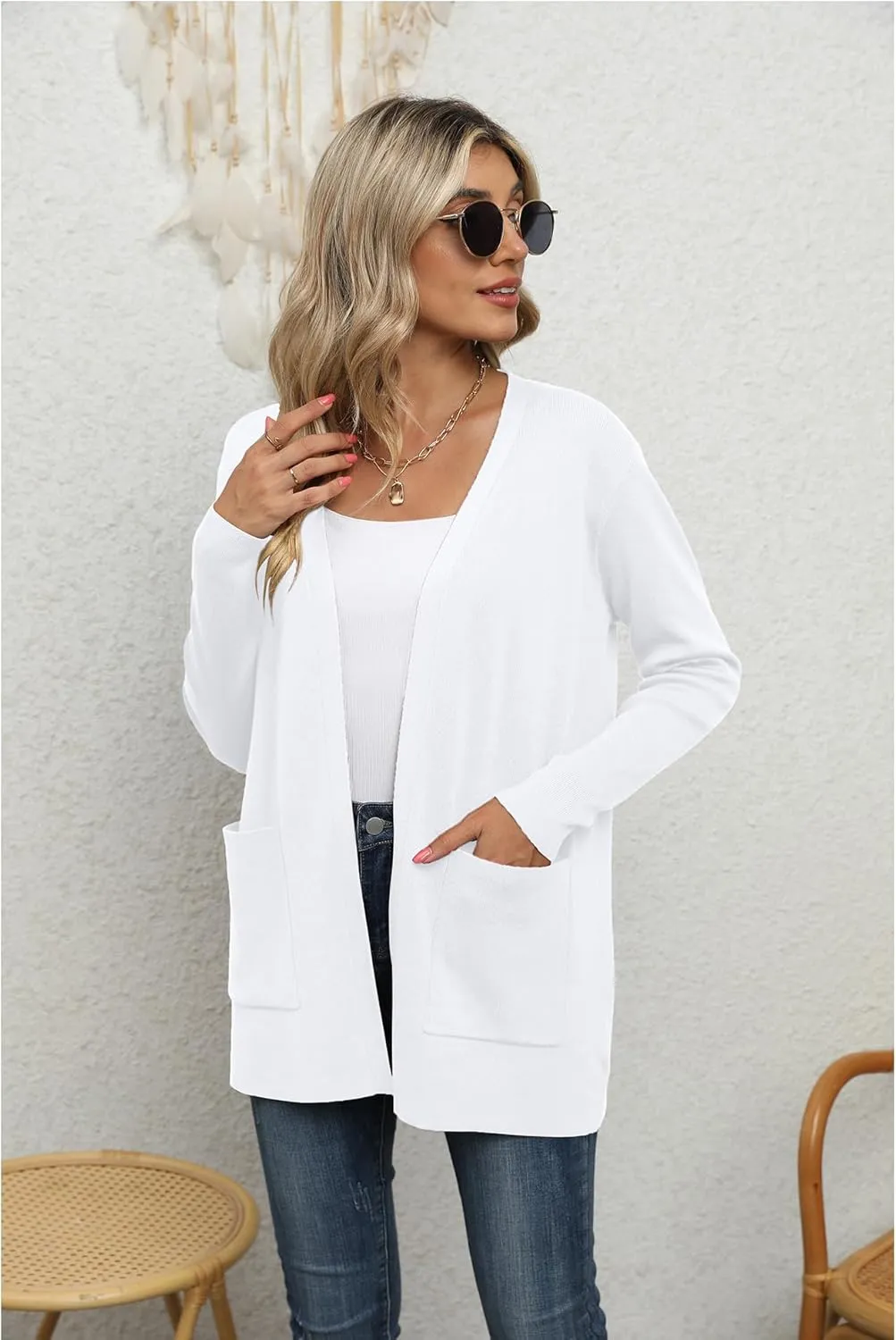 LILBETTER Womens Casual Lightweight Long Sleeve Open Front Cardigan Sweaters with Pockets