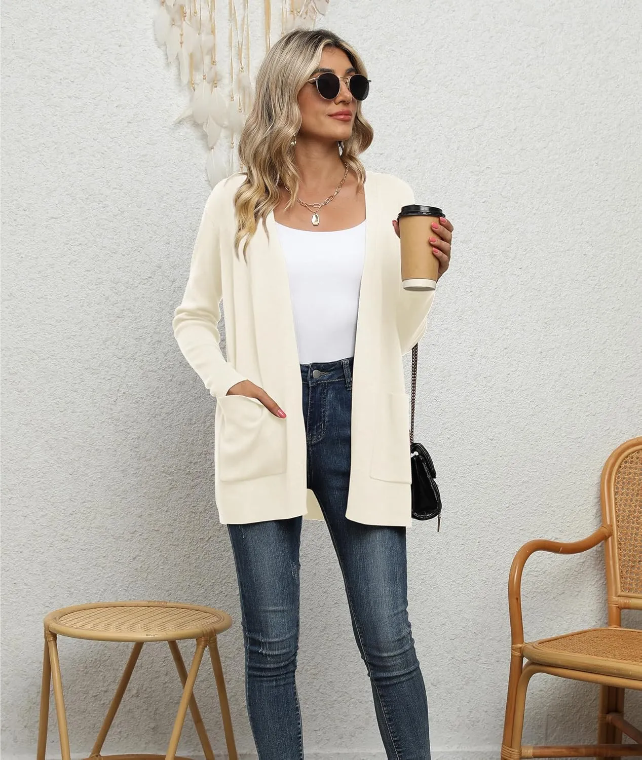 LILBETTER Womens Casual Lightweight Long Sleeve Open Front Cardigan Sweaters with Pockets