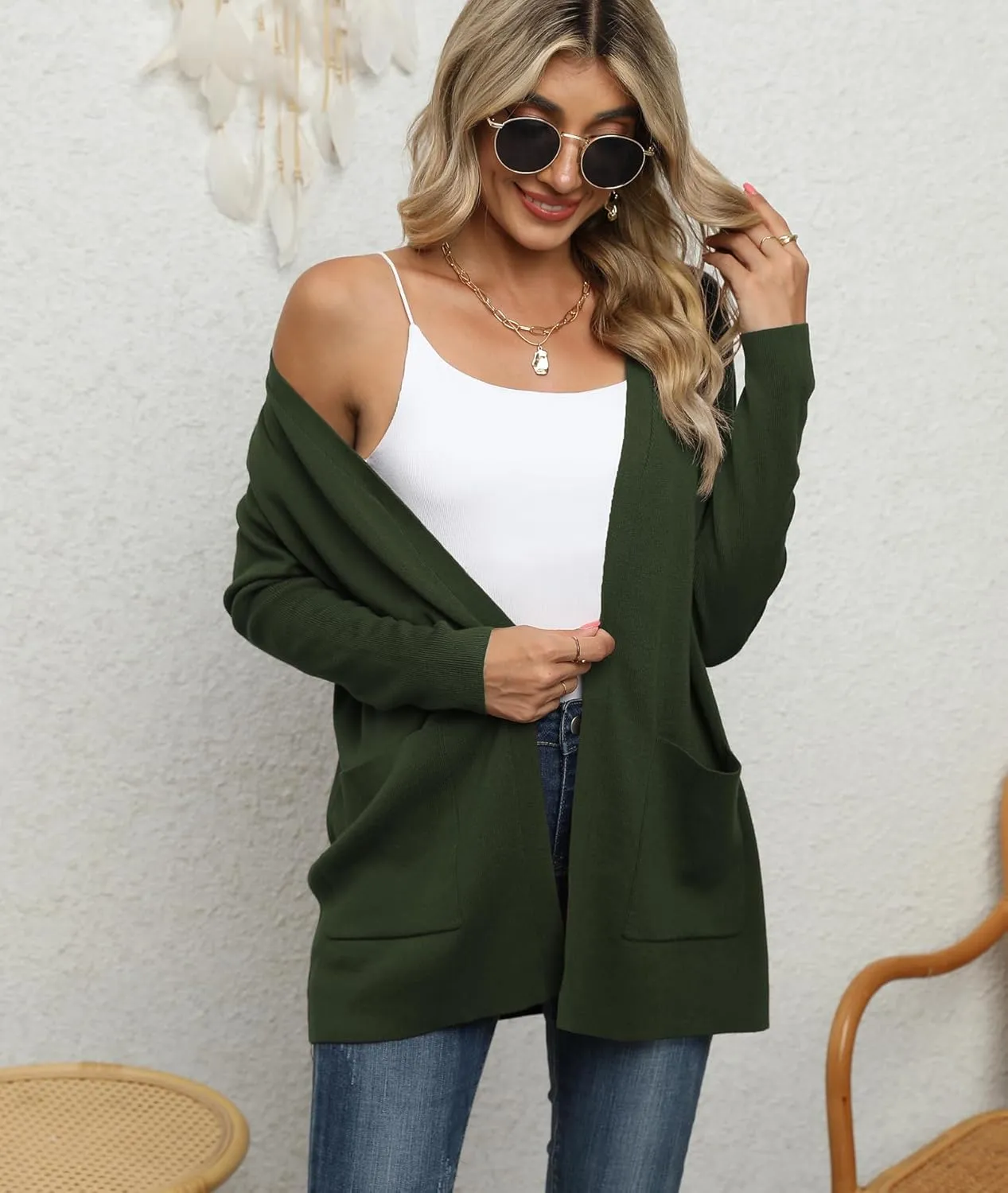 LILBETTER Womens Casual Lightweight Long Sleeve Open Front Cardigan Sweaters with Pockets