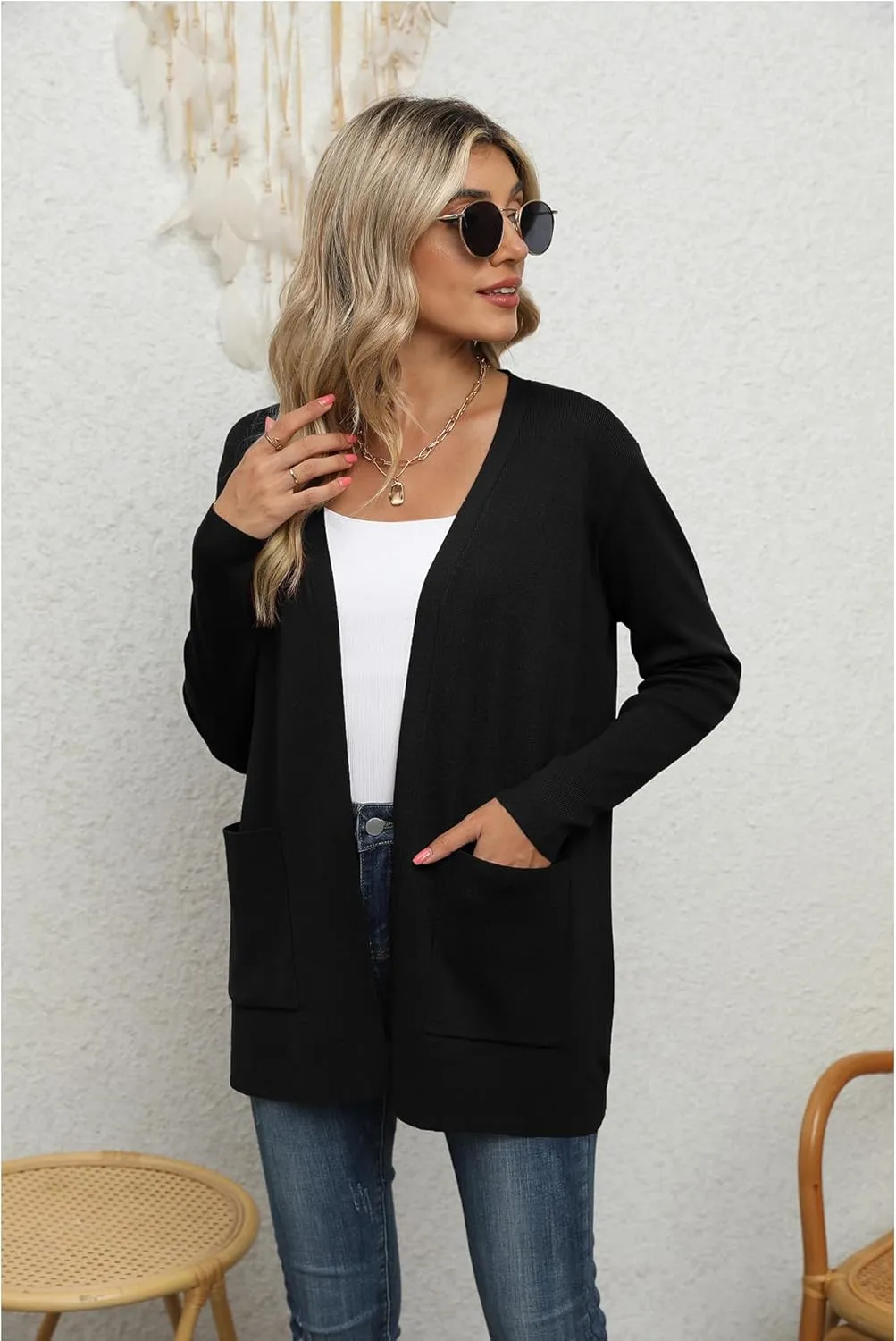 LILBETTER Womens Casual Lightweight Long Sleeve Open Front Cardigan Sweaters with Pockets