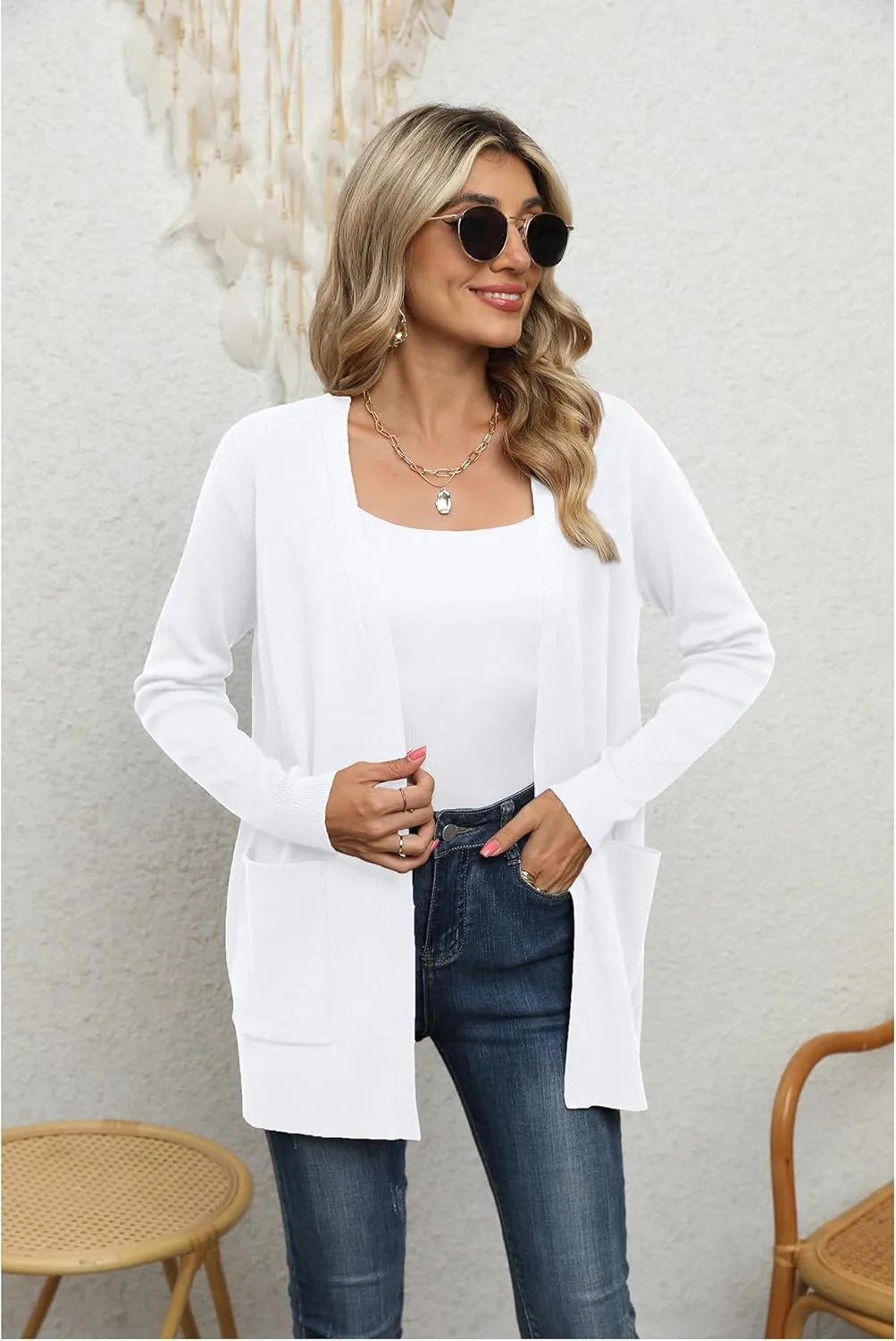 LILBETTER Womens Casual Lightweight Long Sleeve Open Front Cardigan Sweaters with Pockets
