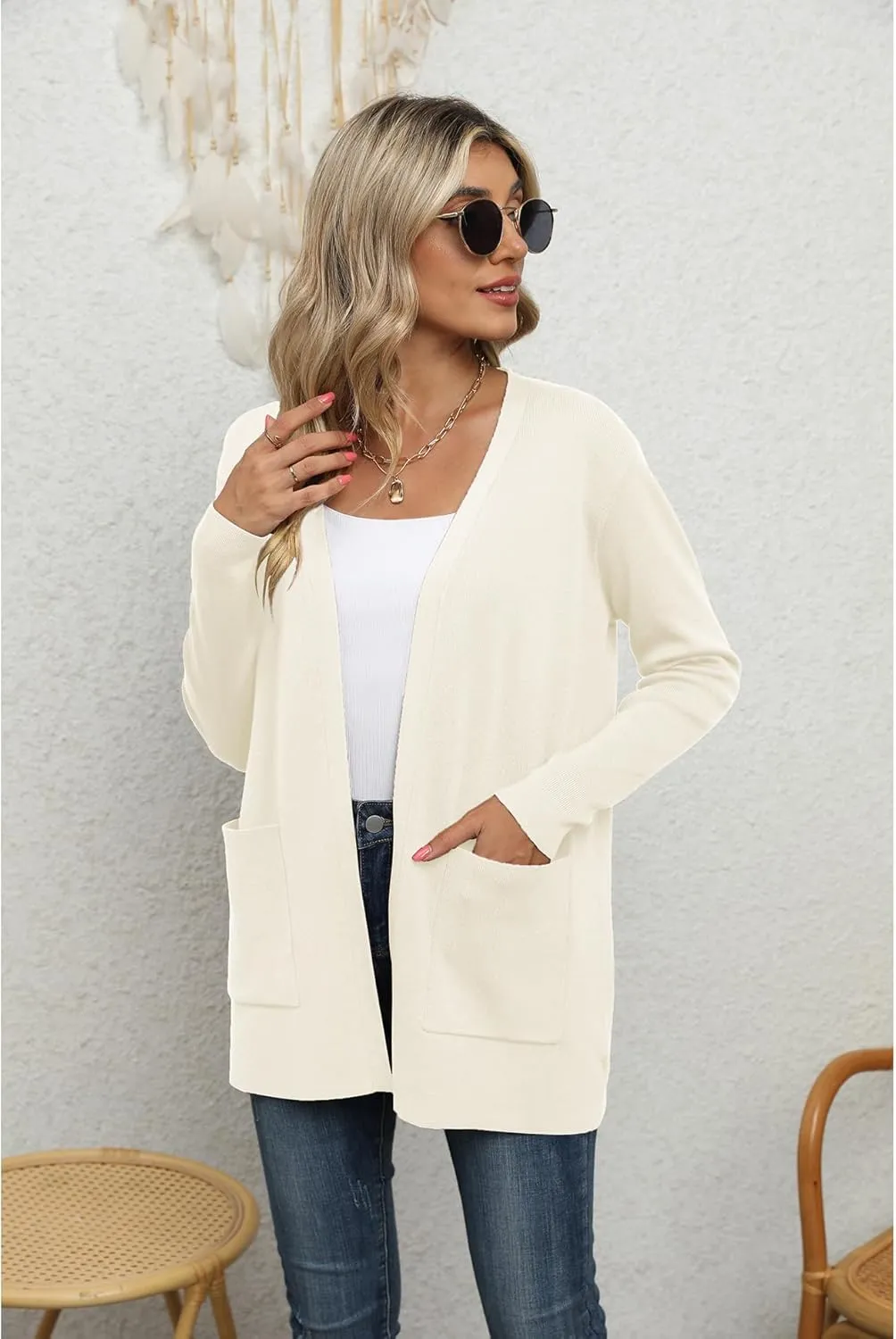 LILBETTER Womens Casual Lightweight Long Sleeve Open Front Cardigan Sweaters with Pockets