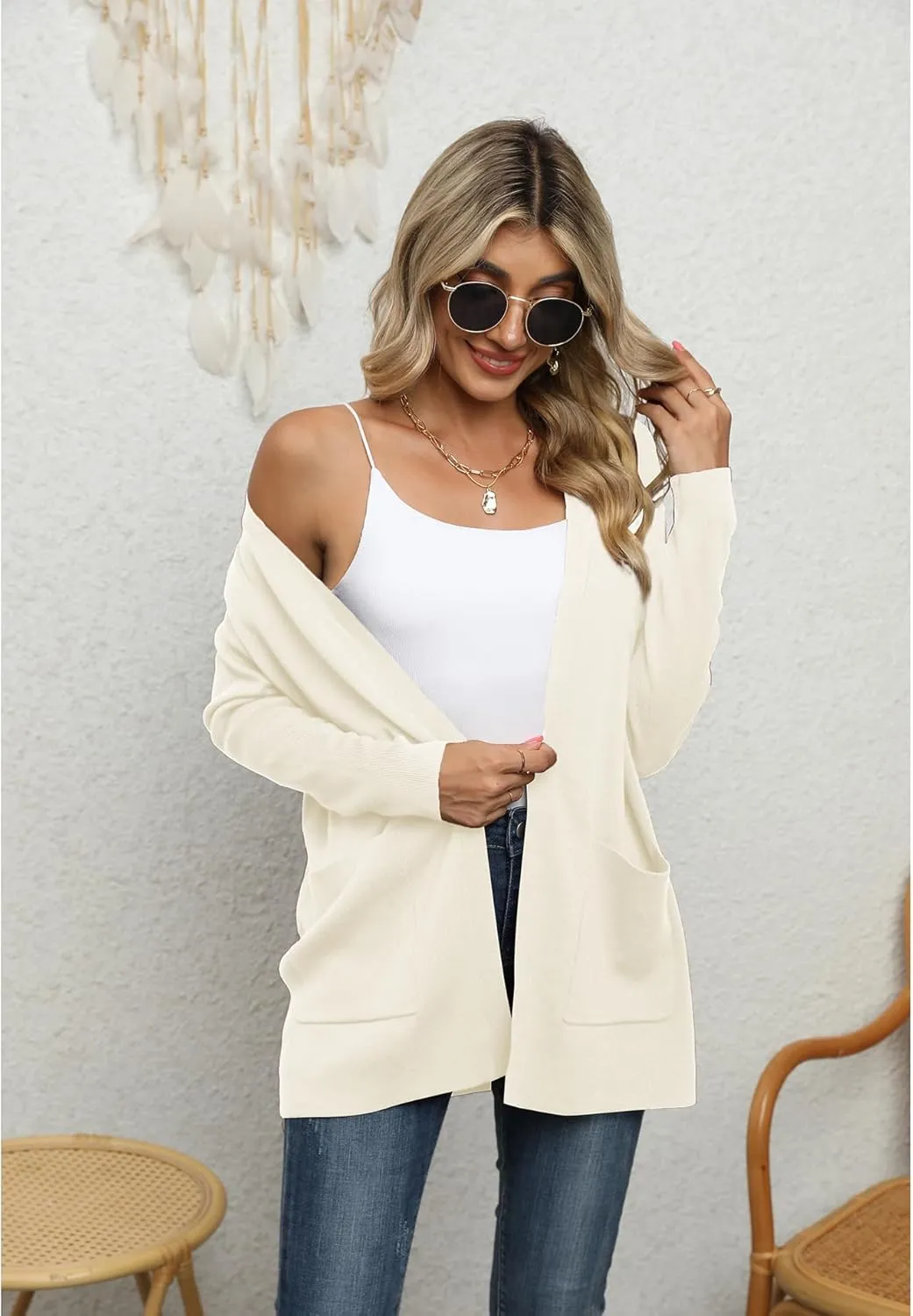 LILBETTER Womens Casual Lightweight Long Sleeve Open Front Cardigan Sweaters with Pockets