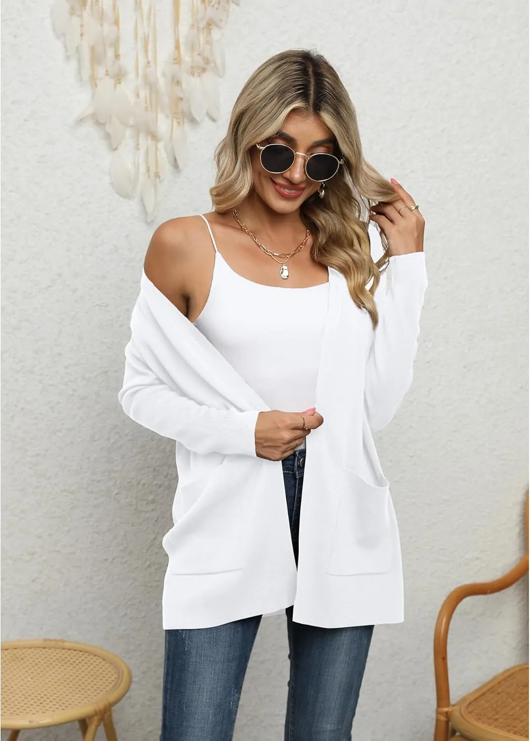 LILBETTER Womens Casual Lightweight Long Sleeve Open Front Cardigan Sweaters with Pockets
