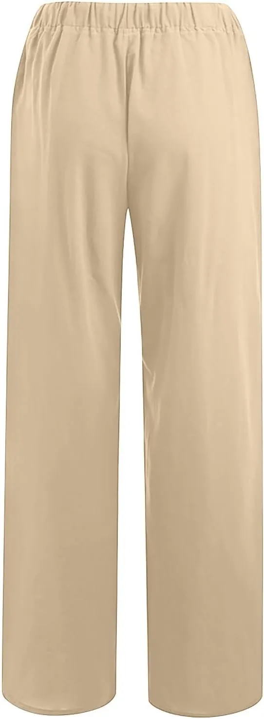 Linen Pants for Women's Summer Drawstring Wide Leg Loose Comfort Casual Cotton Linen Palazzo Pant Beach Yoga Trousers