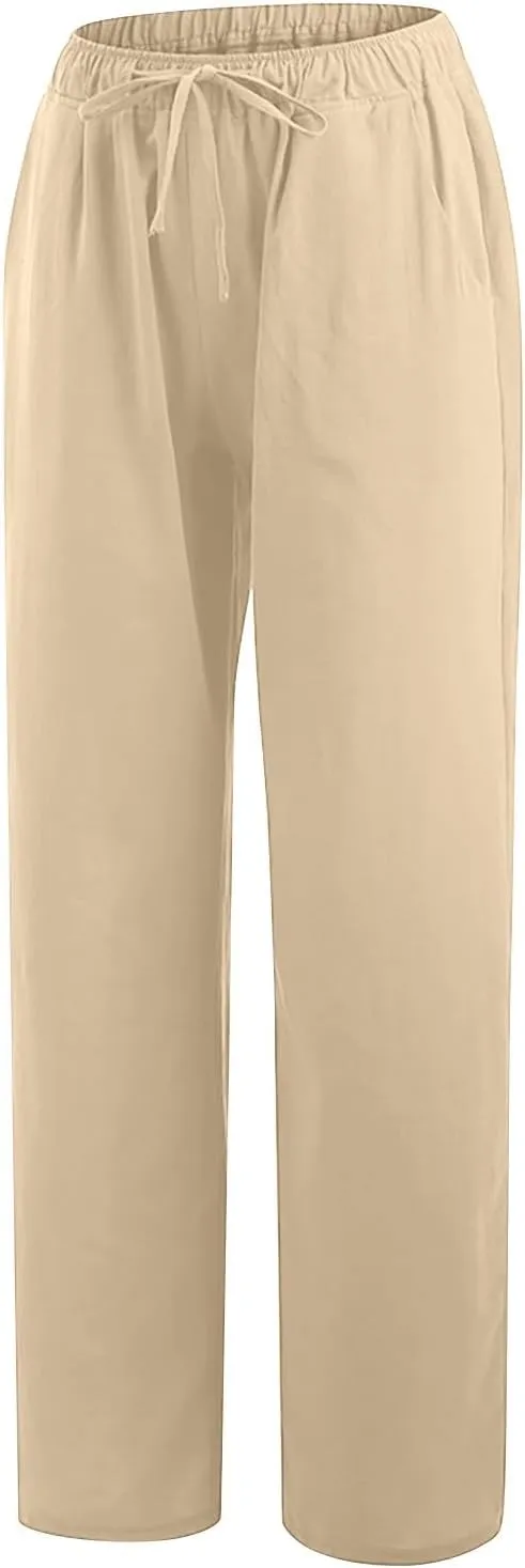 Linen Pants for Women's Summer Drawstring Wide Leg Loose Comfort Casual Cotton Linen Palazzo Pant Beach Yoga Trousers
