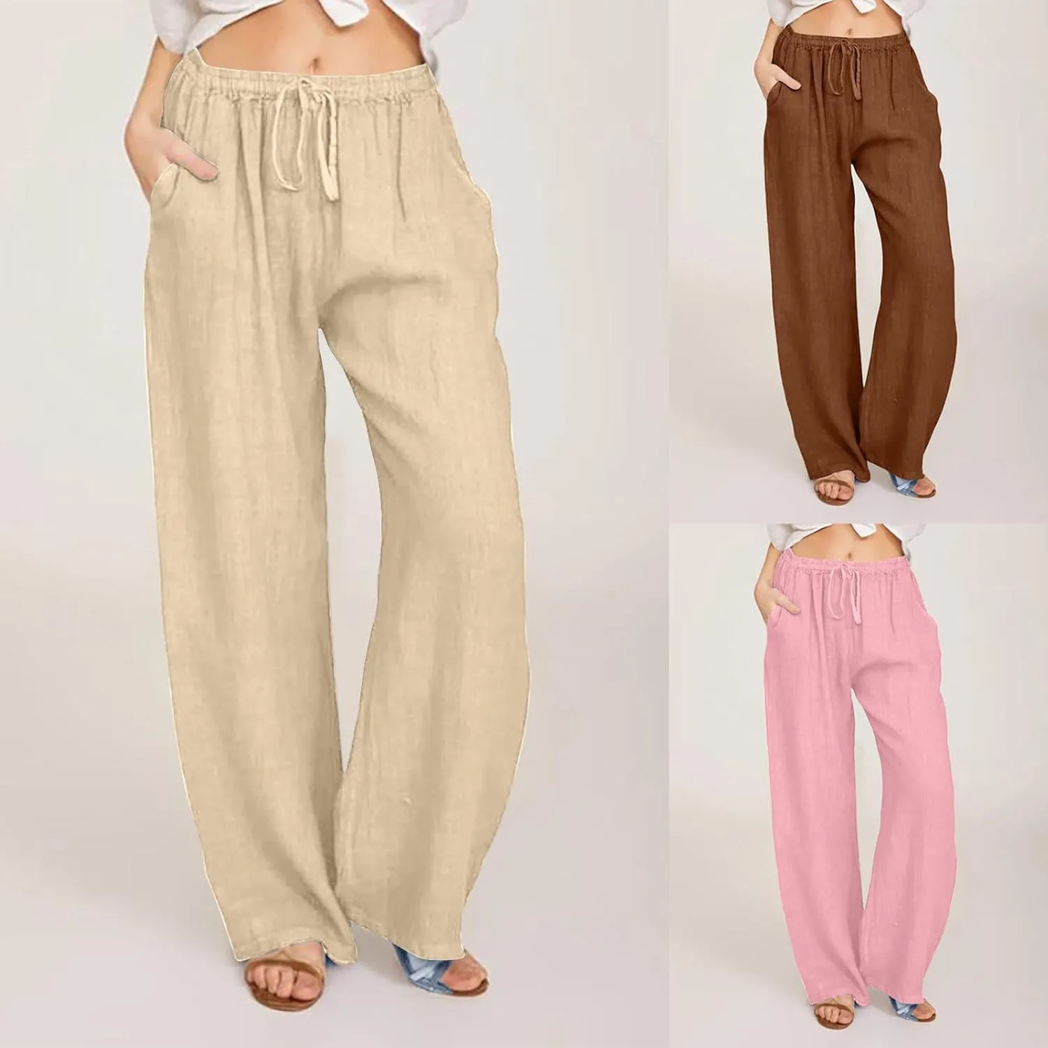 Linen Pants for Women's Summer Drawstring Wide Leg Loose Comfort Casual Cotton Linen Palazzo Pant Beach Yoga Trousers