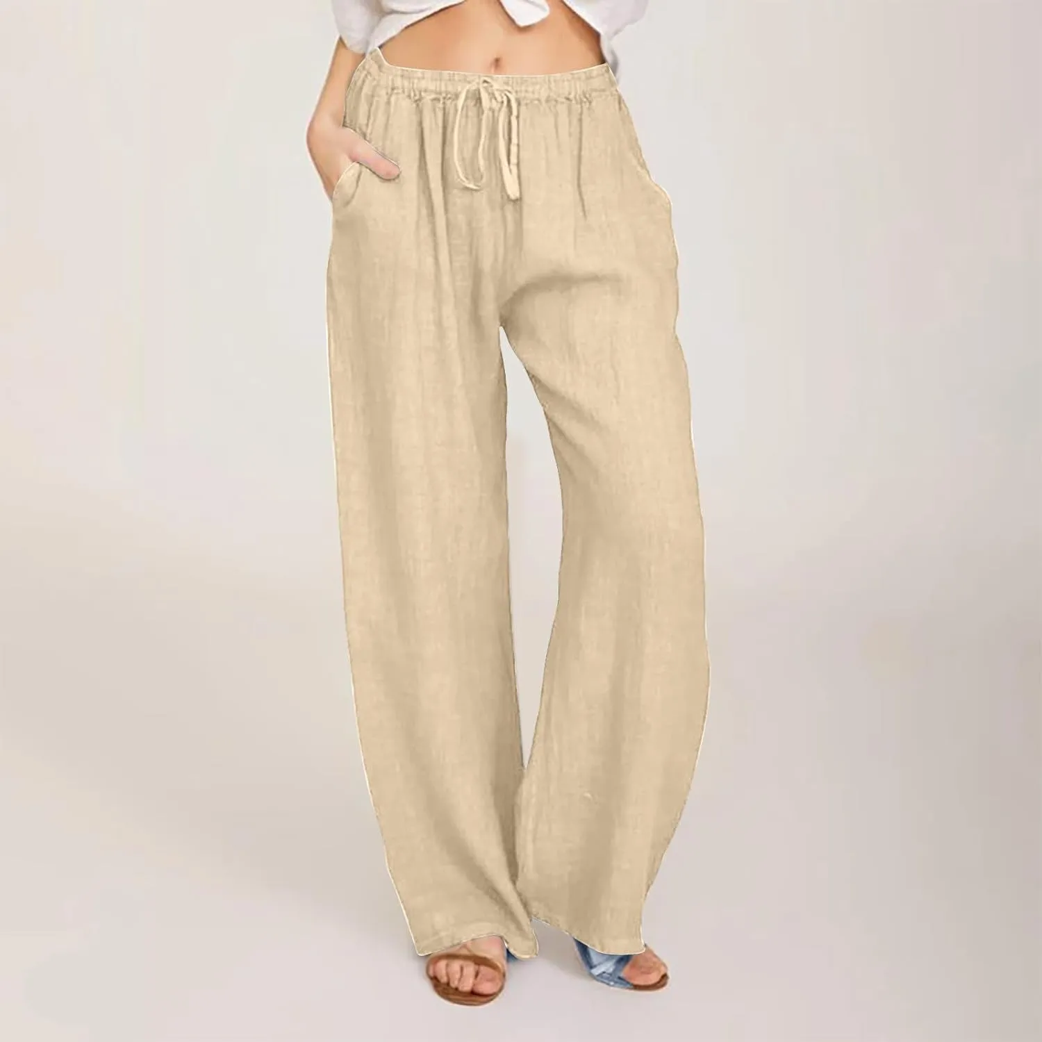 Linen Pants for Women's Summer Drawstring Wide Leg Loose Comfort Casual Cotton Linen Palazzo Pant Beach Yoga Trousers