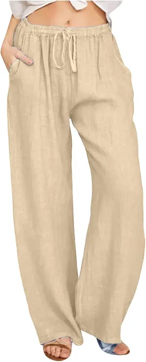 Linen Pants for Women's Summer Drawstring Wide Leg Loose Comfort Casual Cotton Linen Palazzo Pant Beach Yoga Trousers