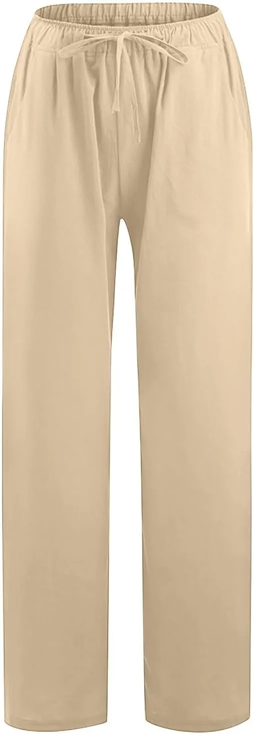 Linen Pants for Women's Summer Drawstring Wide Leg Loose Comfort Casual Cotton Linen Palazzo Pant Beach Yoga Trousers