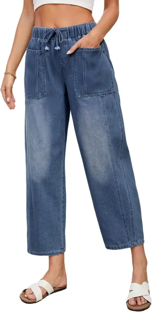 LONGBIDA Women's Wide Leg Baggy Jeans Elastic Low Rise Barrel Lightweight Casual Crop Denim Pants with Drawstring