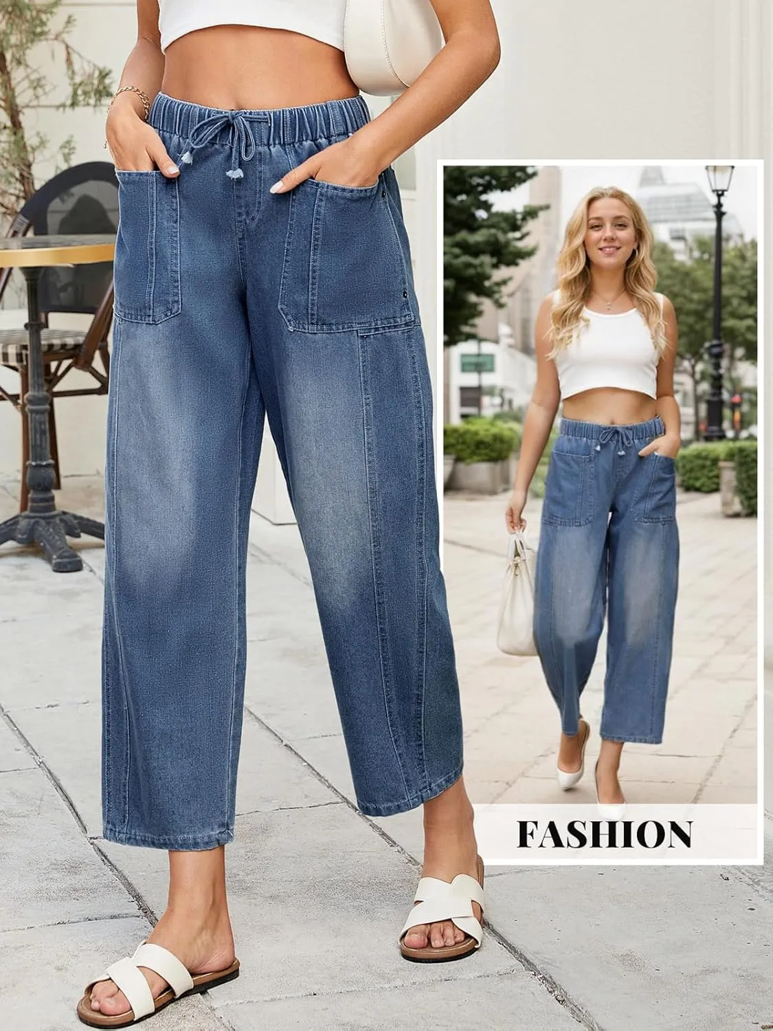 LONGBIDA Women's Wide Leg Baggy Jeans Elastic Low Rise Barrel Lightweight Casual Crop Denim Pants with Drawstring
