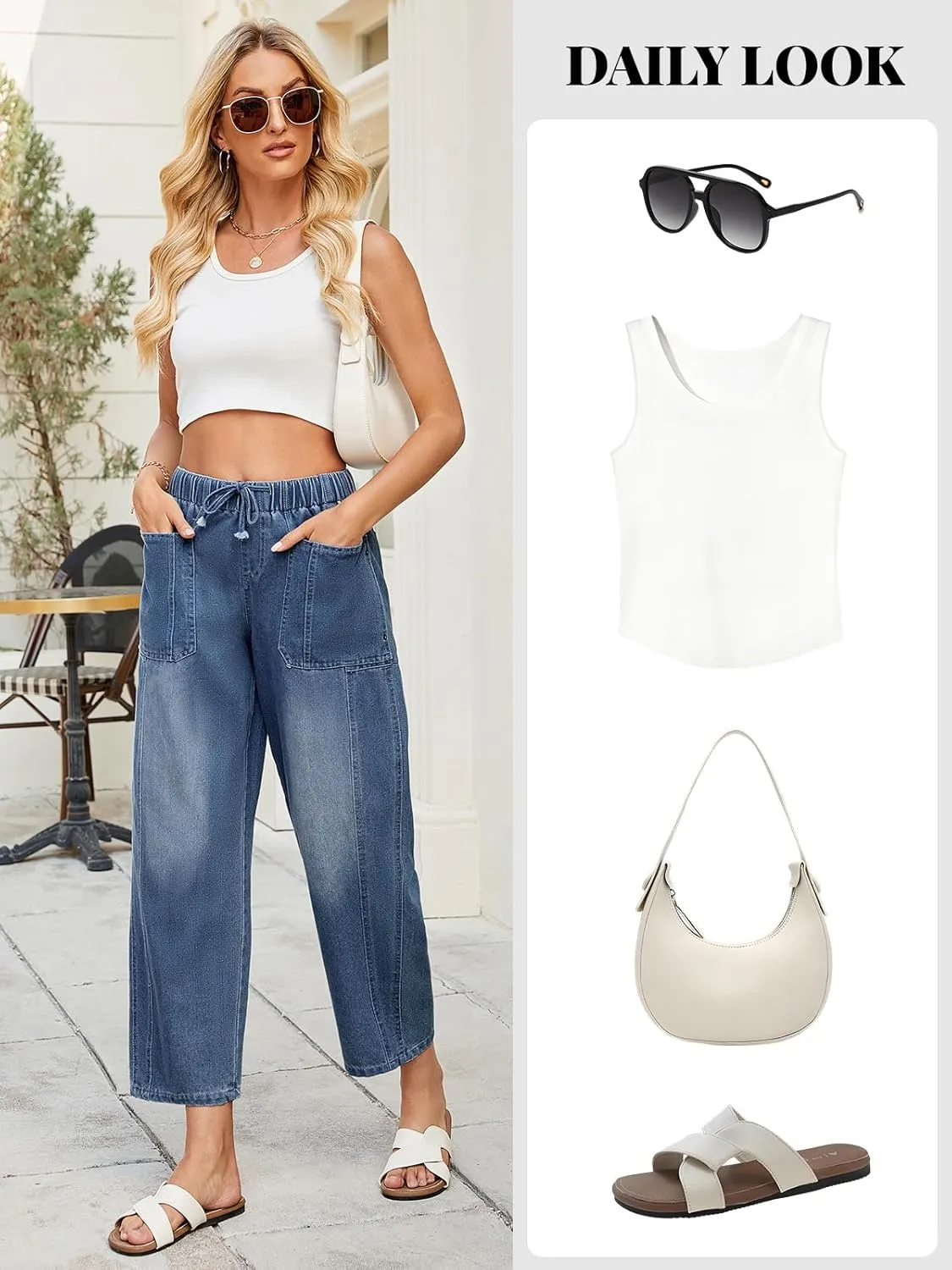 LONGBIDA Women's Wide Leg Baggy Jeans Elastic Low Rise Barrel Lightweight Casual Crop Denim Pants with Drawstring
