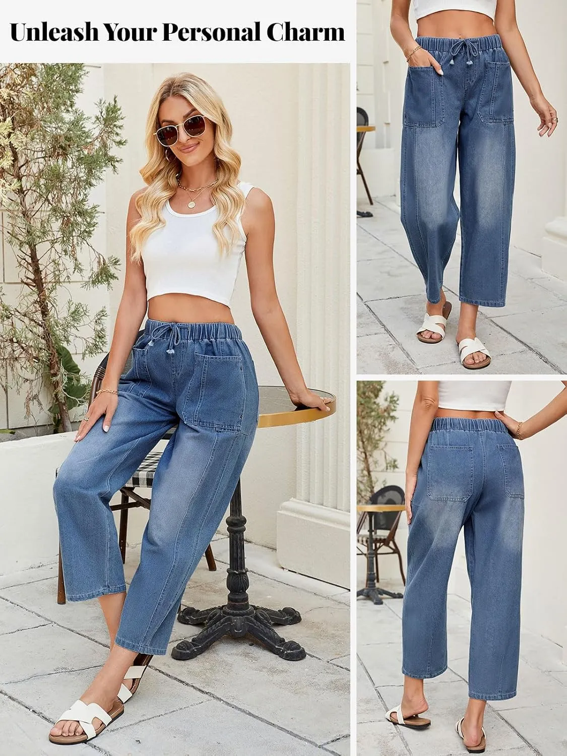 LONGBIDA Women's Wide Leg Baggy Jeans Elastic Low Rise Barrel Lightweight Casual Crop Denim Pants with Drawstring