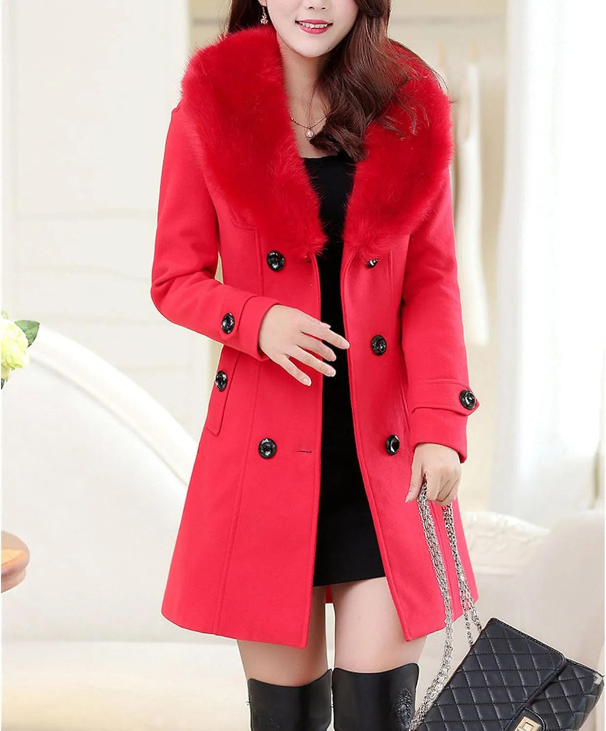 Maiyifu-GJ Women's Faux Fur Lapel Double Breasted Wool Trench Coat Winter Warm Mid-length Coat Jacket Overcoat with Belt