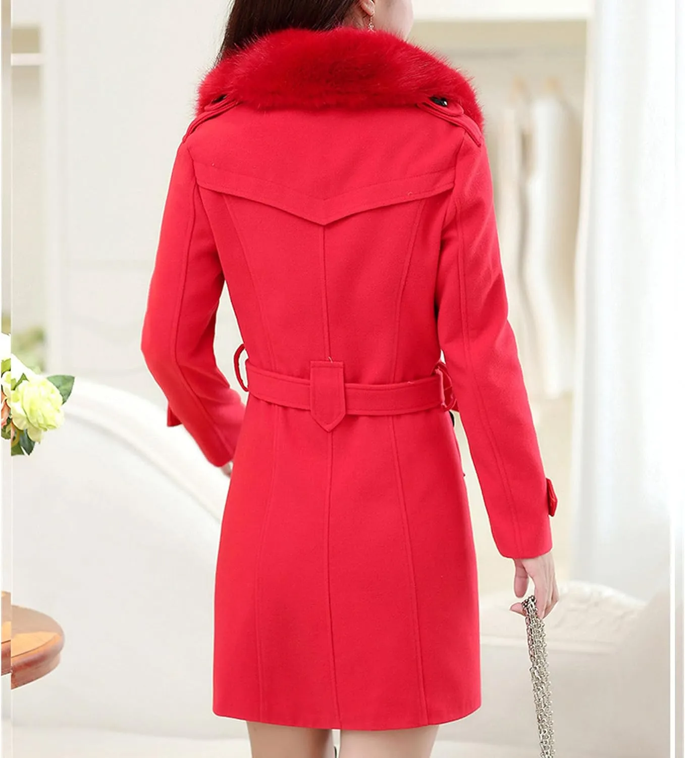Maiyifu-GJ Women's Faux Fur Lapel Double Breasted Wool Trench Coat Winter Warm Mid-length Coat Jacket Overcoat with Belt