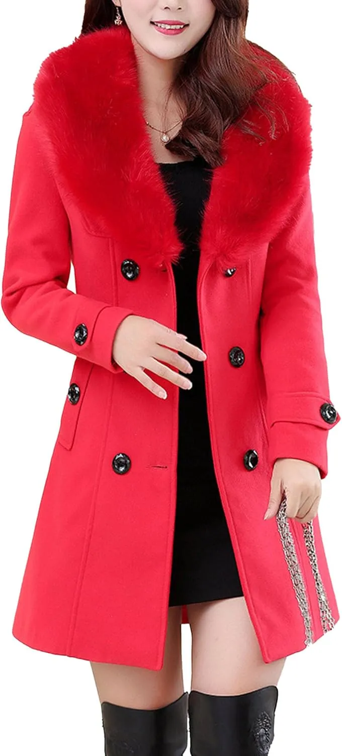 Maiyifu-GJ Women's Faux Fur Lapel Double Breasted Wool Trench Coat Winter Warm Mid-length Coat Jacket Overcoat with Belt