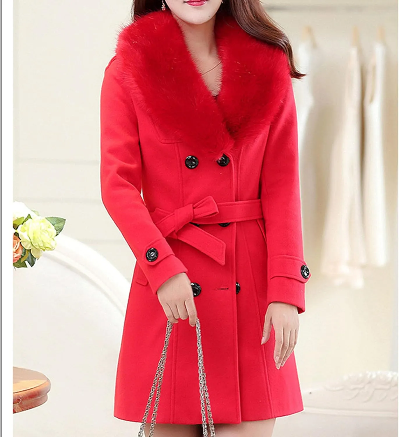 Maiyifu-GJ Women's Faux Fur Lapel Double Breasted Wool Trench Coat Winter Warm Mid-length Coat Jacket Overcoat with Belt