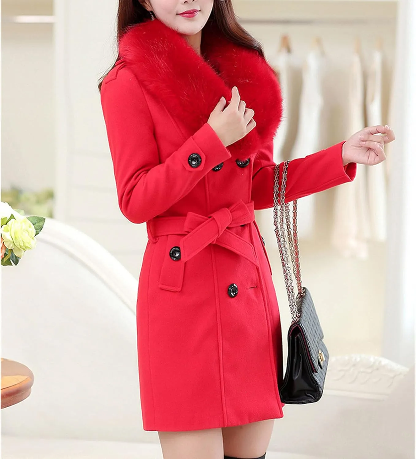 Maiyifu-GJ Women's Faux Fur Lapel Double Breasted Wool Trench Coat Winter Warm Mid-length Coat Jacket Overcoat with Belt