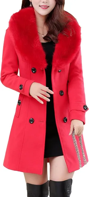Maiyifu-GJ Women's Faux Fur Lapel Double Breasted Wool Trench Coat Winter Warm Mid-length Coat Jacket Overcoat with Belt