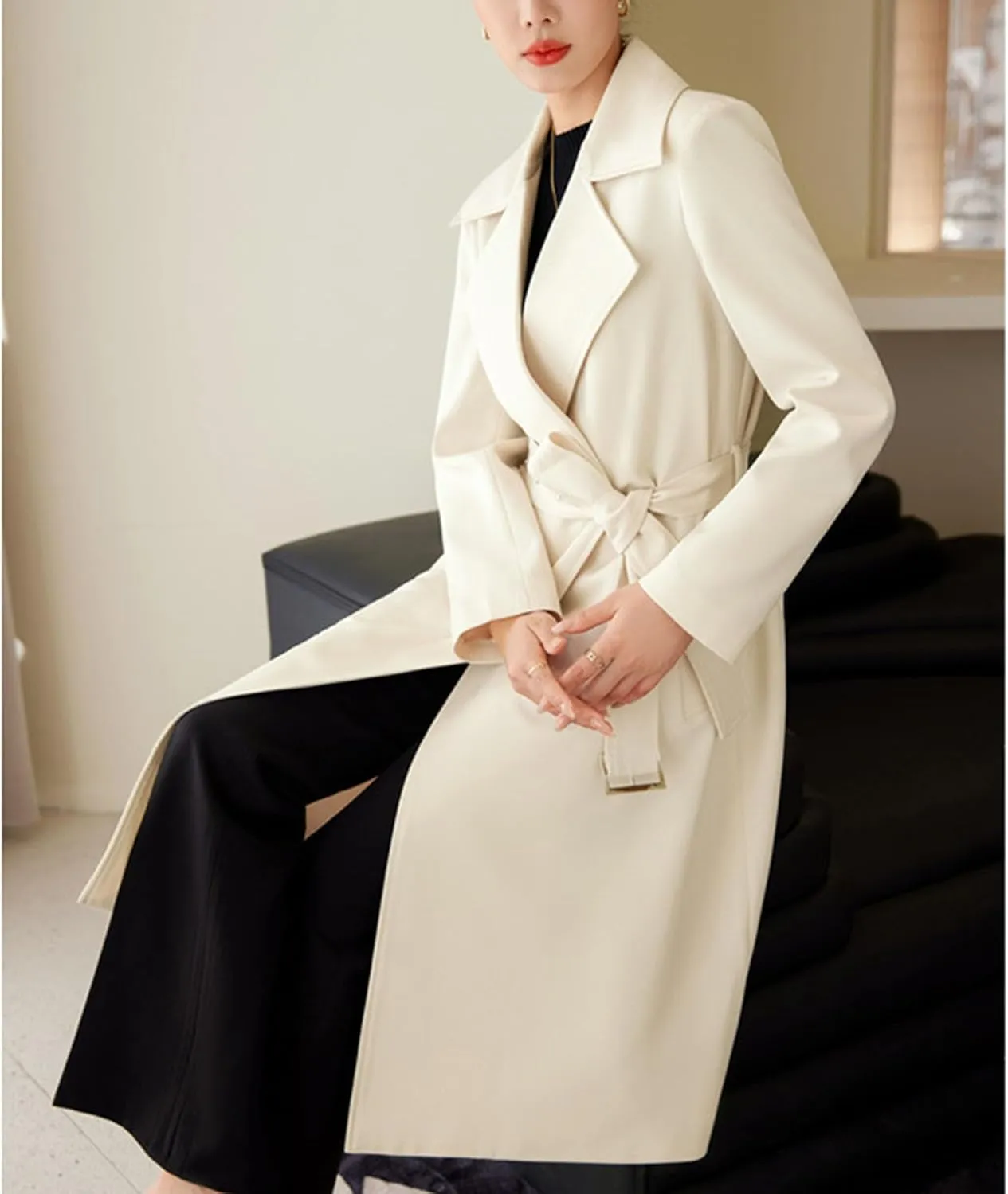 Maiyifu-GJ Women's Long Trench Coat Double Breasted Classic Lapel Overcoat Spring Fall Fashion Coats Windproof Outerwear