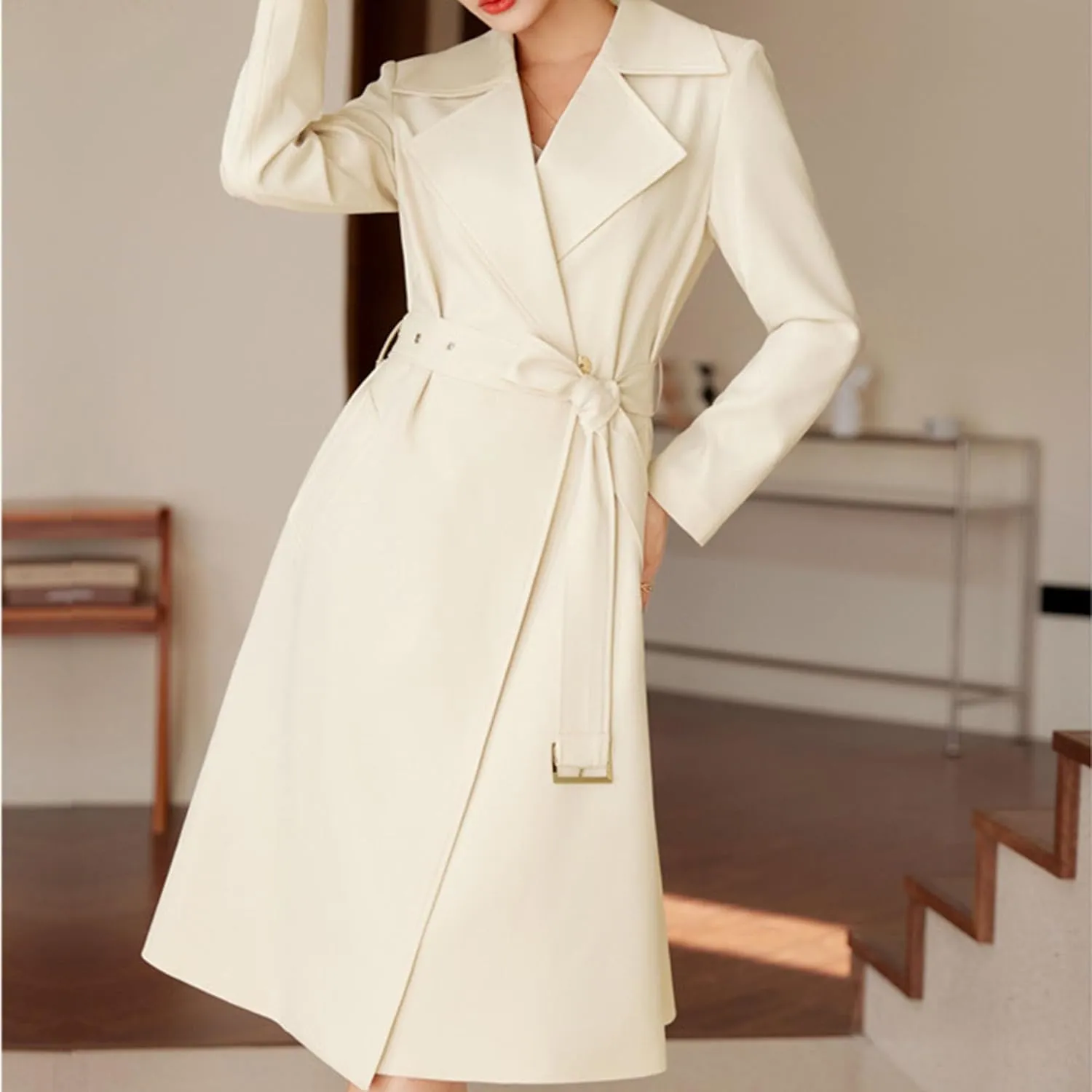 Maiyifu-GJ Women's Long Trench Coat Double Breasted Classic Lapel Overcoat Spring Fall Fashion Coats Windproof Outerwear