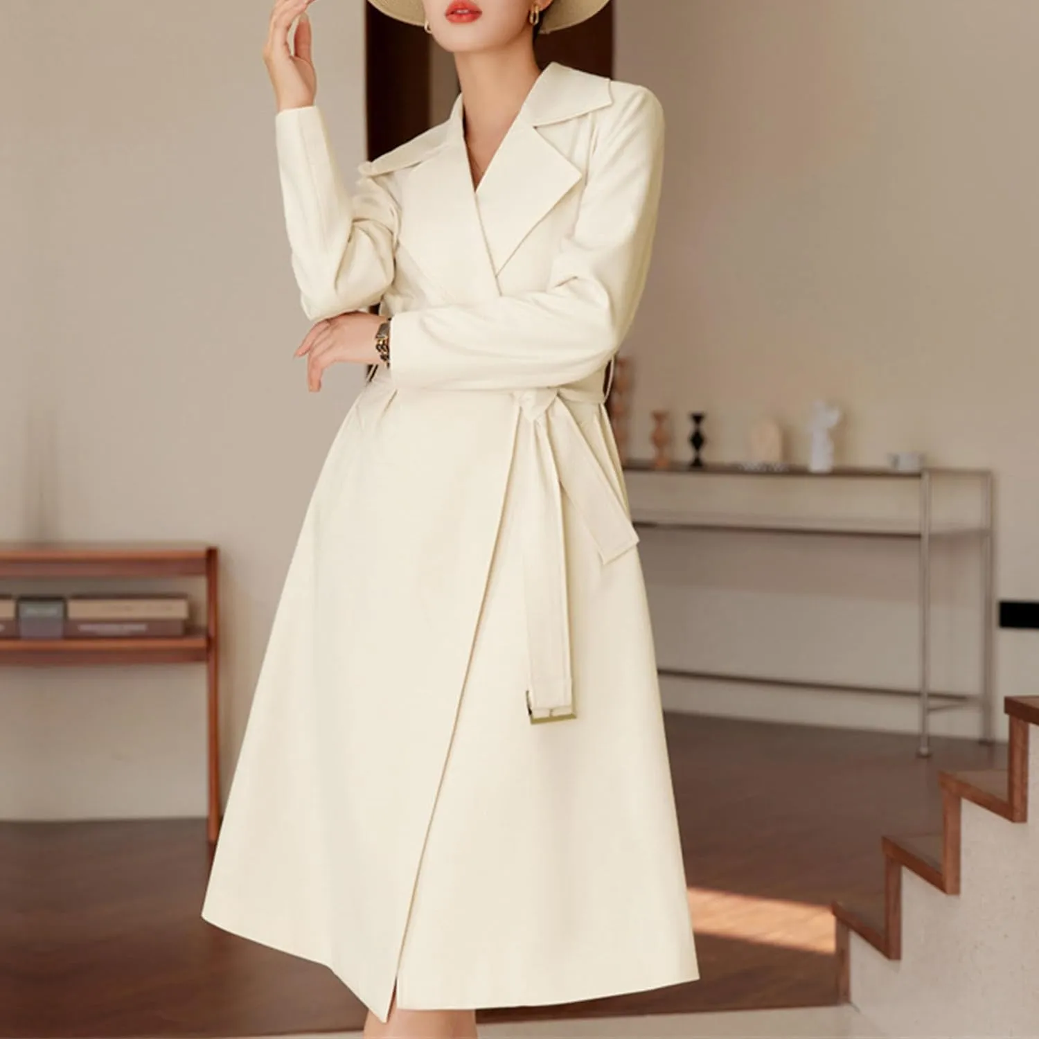 Maiyifu-GJ Women's Long Trench Coat Double Breasted Classic Lapel Overcoat Spring Fall Fashion Coats Windproof Outerwear