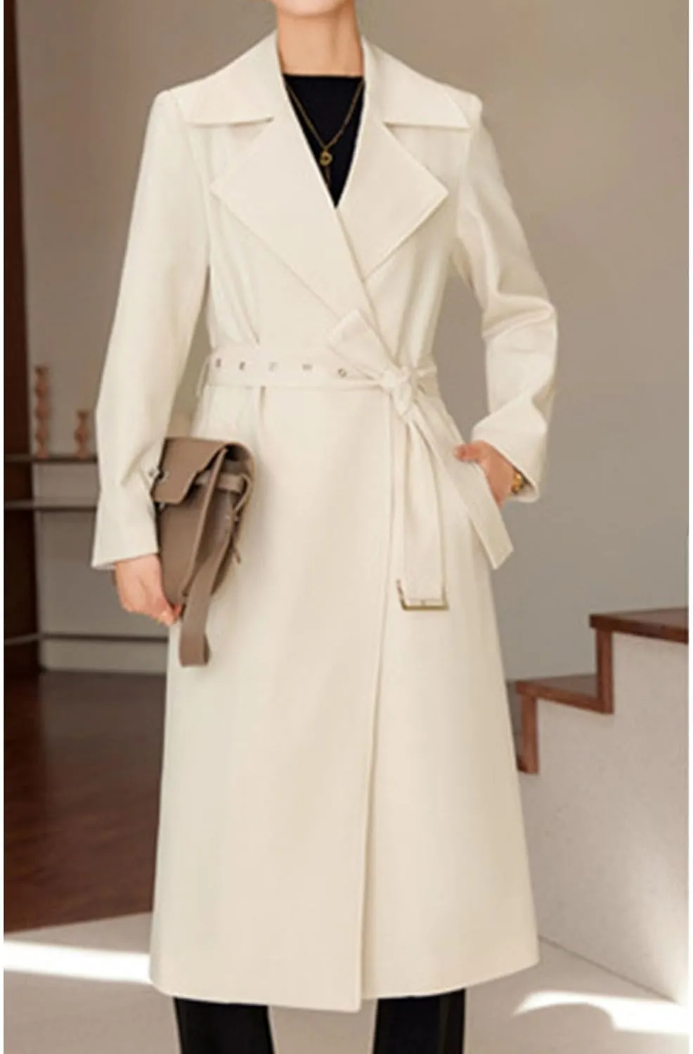Maiyifu-GJ Women's Long Trench Coat Double Breasted Classic Lapel Overcoat Spring Fall Fashion Coats Windproof Outerwear