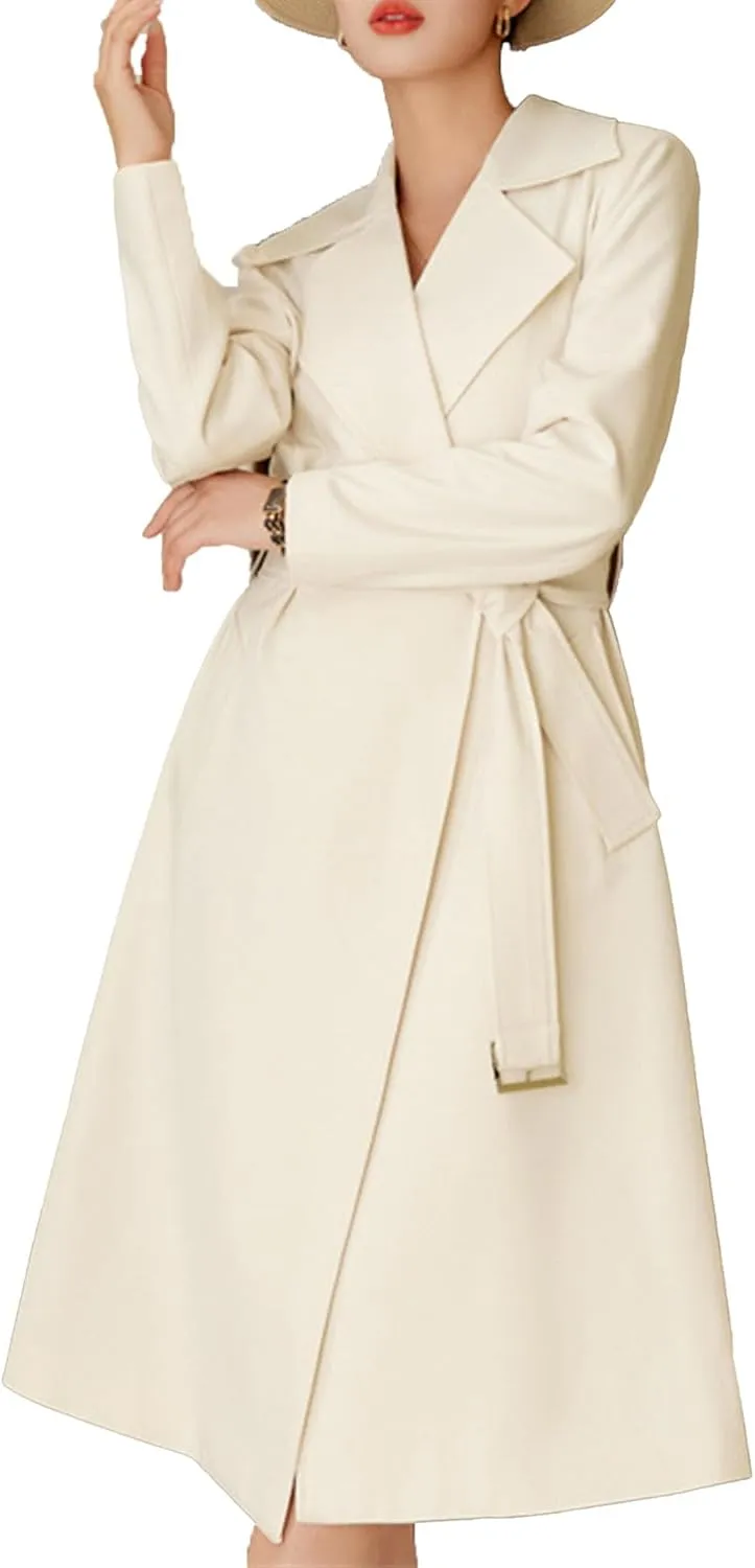 Maiyifu-GJ Women's Long Trench Coat Double Breasted Classic Lapel Overcoat Spring Fall Fashion Coats Windproof Outerwear