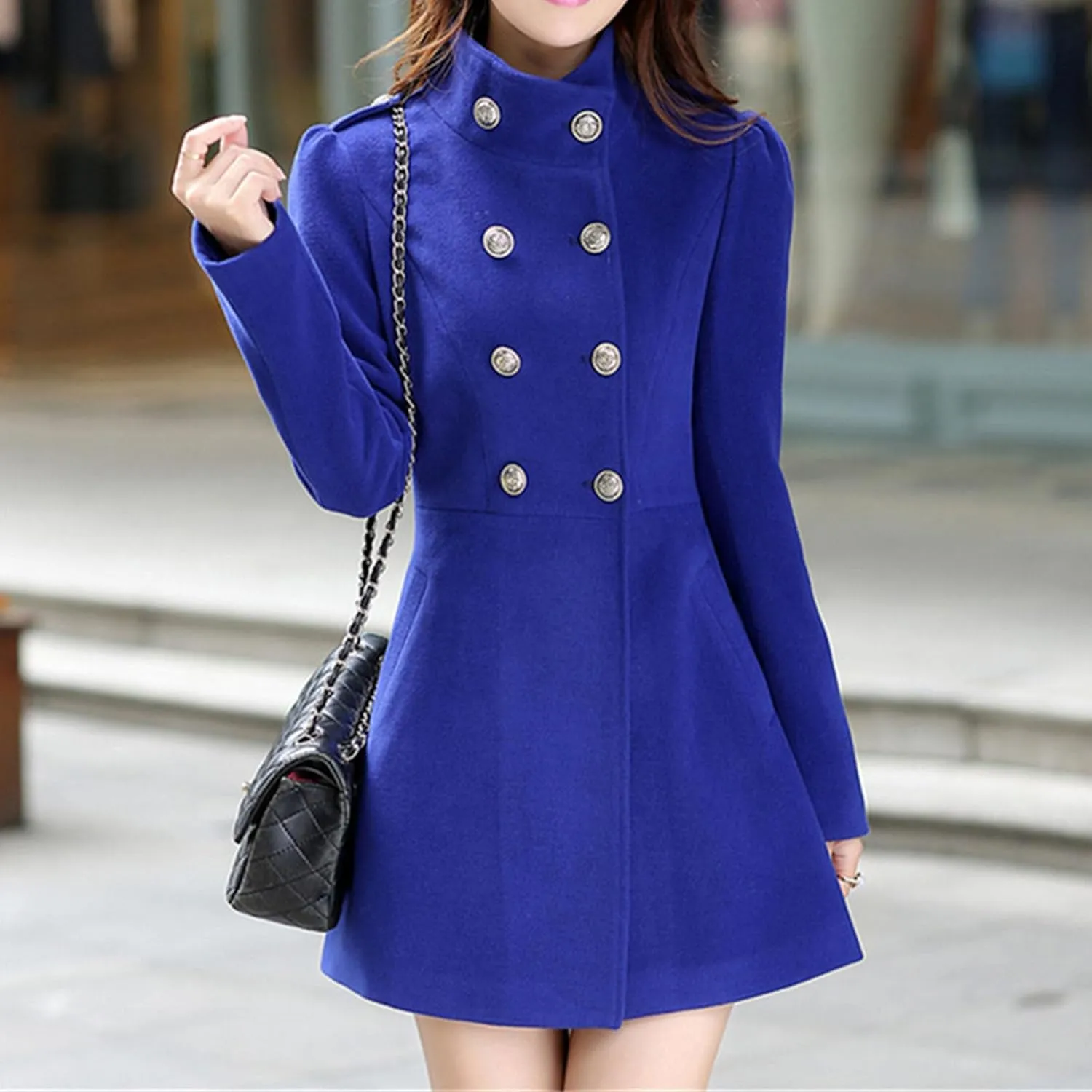Maiyifu-GJ Women's Stand Collar Double Breasted Wool Blend Coat Elegant Slim Trench Coat Fall Winter Overcoat Outerwear