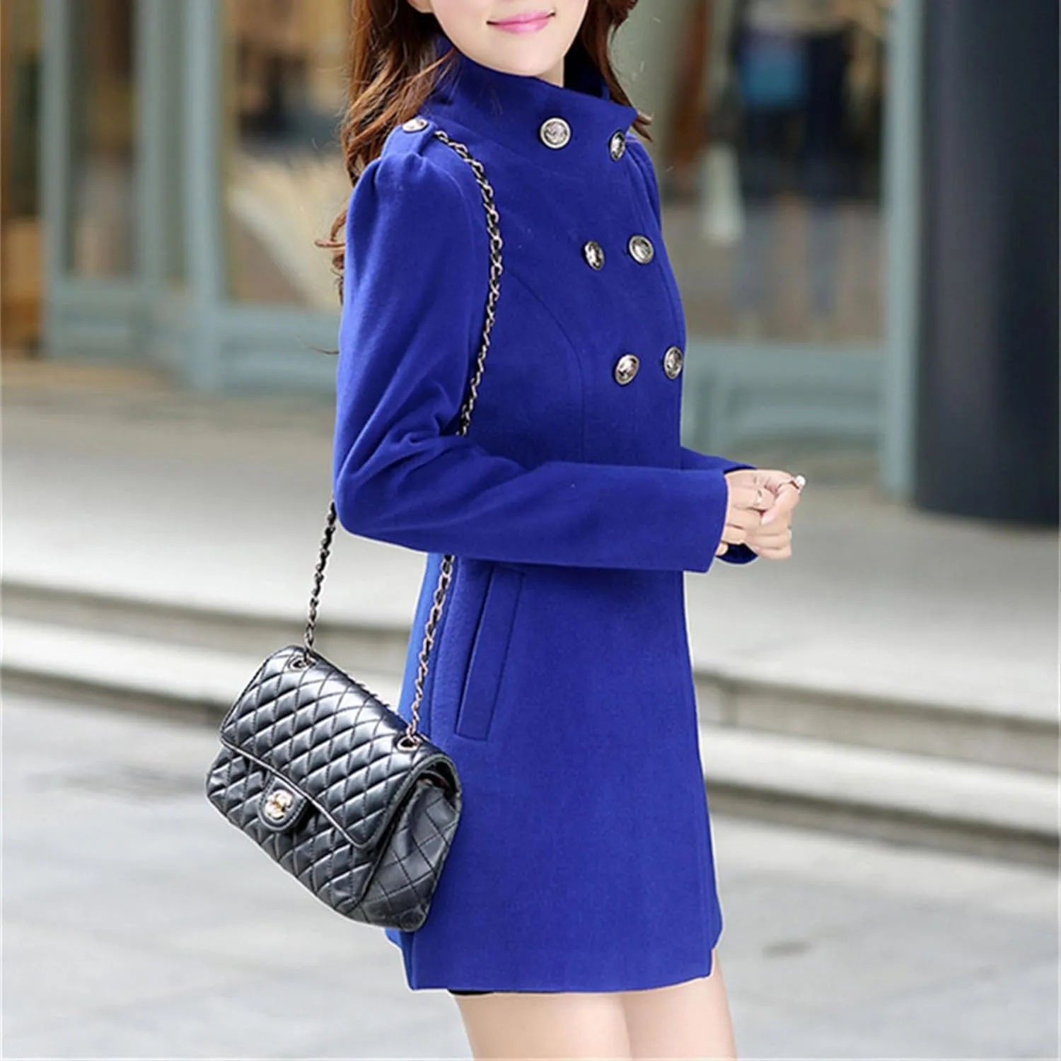 Maiyifu-GJ Women's Stand Collar Double Breasted Wool Blend Coat Elegant Slim Trench Coat Fall Winter Overcoat Outerwear