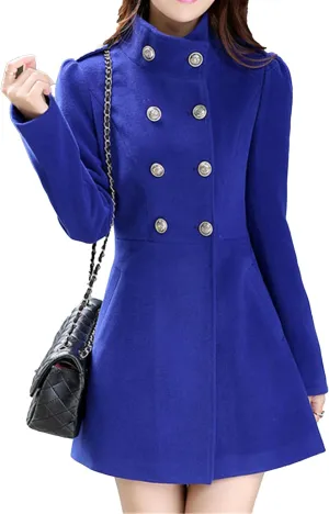 Maiyifu-GJ Women's Stand Collar Double Breasted Wool Blend Coat Elegant Slim Trench Coat Fall Winter Overcoat Outerwear