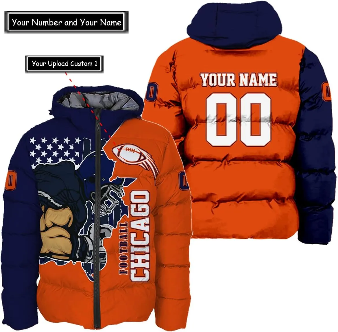 Men Football Custom Puffer Coat Add Any Name Number Lightweight Water-Resistant Winter Windproof Zipper Down Jacket S-5XL
