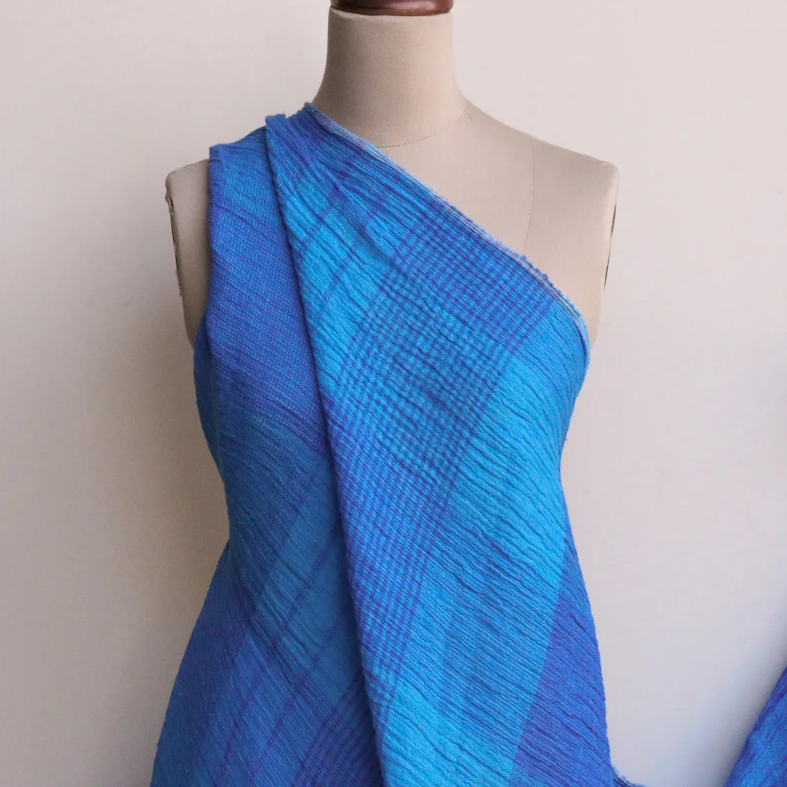Menorca Turquoise Check Crinkle Linen